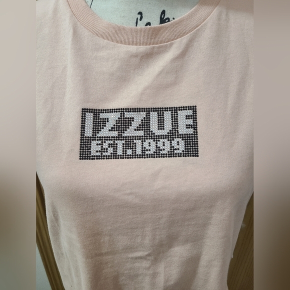 Izzue Pink Peach Rhinestone Logo Tag Boxy Streetwear Crop Top - Picture 2 of 6
